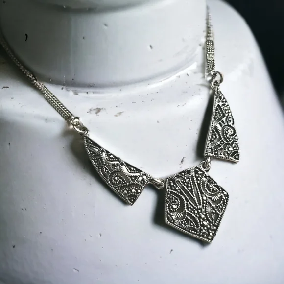 Vintage Art Deco 1920s Marcasite Sterling Silver Pendant Necklace - Picture 5 of 16